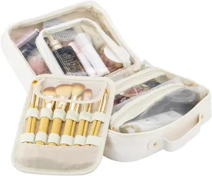 Travel Makeup Bag Large Capacity Cosmetic Organizer Waterproof Leather Toiletry Bag with Brush Holder and Handle Portable Cosmetic Storage Bag for Women Girls Gift - White