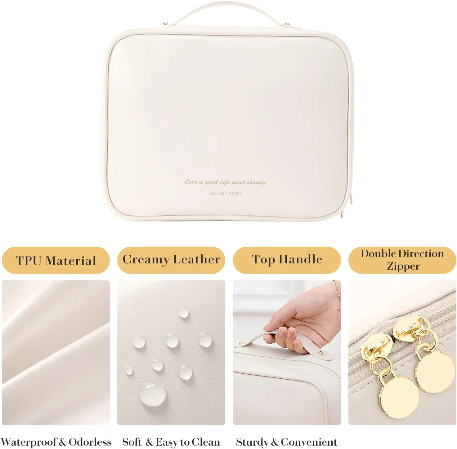 Travel Makeup Bag Large Capacity Cosmetic Organizer Waterproof Leather Toiletry Bag with Brush Holder and Handle Portable Cosmetic Storage Bag for Women Girls Gift - White