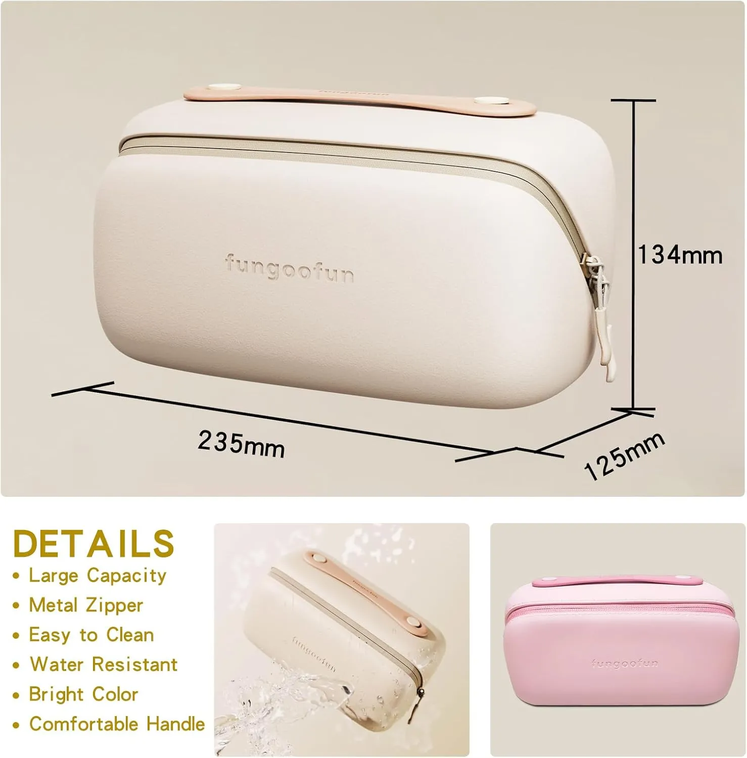 Travel Makeup Bag, Large Capacity Waterproof Cosmetic Bag for Women, Portable Pouch Open Flat Toiletry Bag Make up Organizer with Divider and Handle, Beige