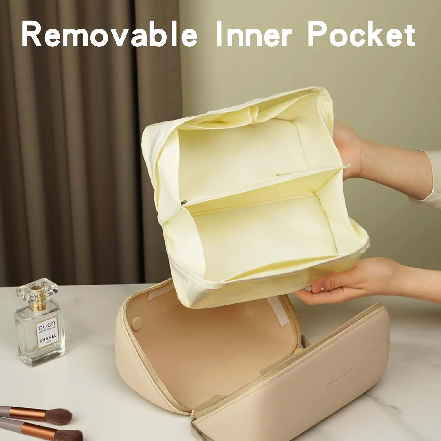 Travel Makeup Bag, Large Capacity Waterproof Cosmetic Bag for Women, Portable Pouch Open Flat Toiletry Bag Make up Organizer with Divider and Handle, Beige