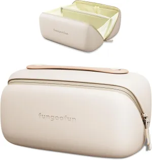 Travel Makeup Bag, Large Capacity Waterproof Cosmetic Bag for Women, Portable Pouch Open Flat Toiletry Bag Make up Organizer with Divider and Handle, Beige