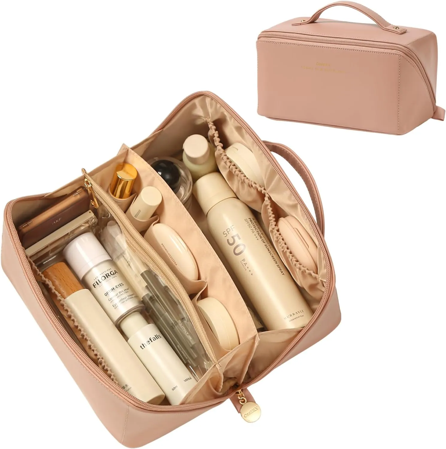 Travel Makeup Bag Organizer Countertop Case Toiletry Bag Cosmetic Bag for Women Vanity Storage Bathroom Counter Skincare Organizers Pouch with Divider and Handle Travel Essentials Gift for Girl