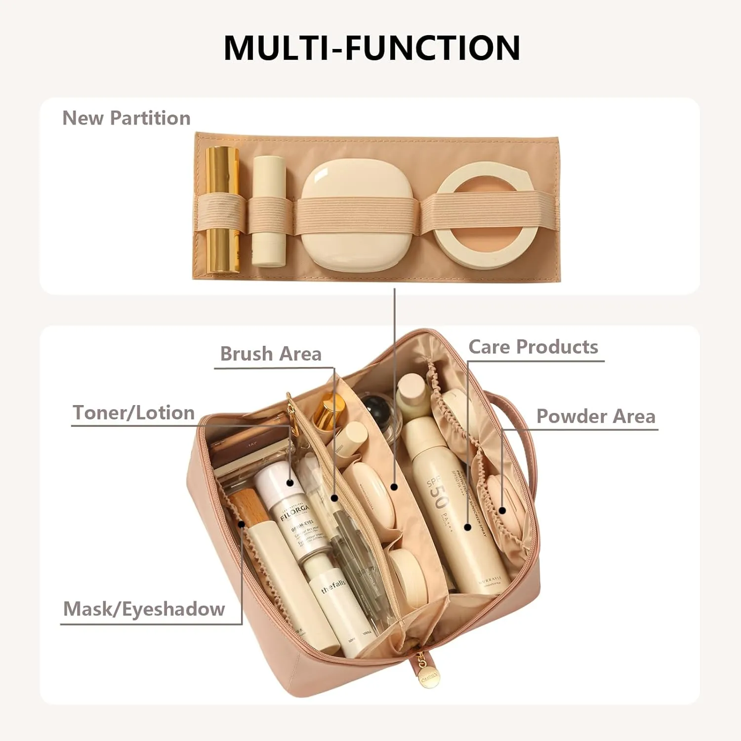 Travel Makeup Bag Organizer Countertop Case Toiletry Bag Cosmetic Bag for Women Vanity Storage Bathroom Counter Skincare Organizers Pouch with Divider and Handle Travel Essentials Gift for Girl