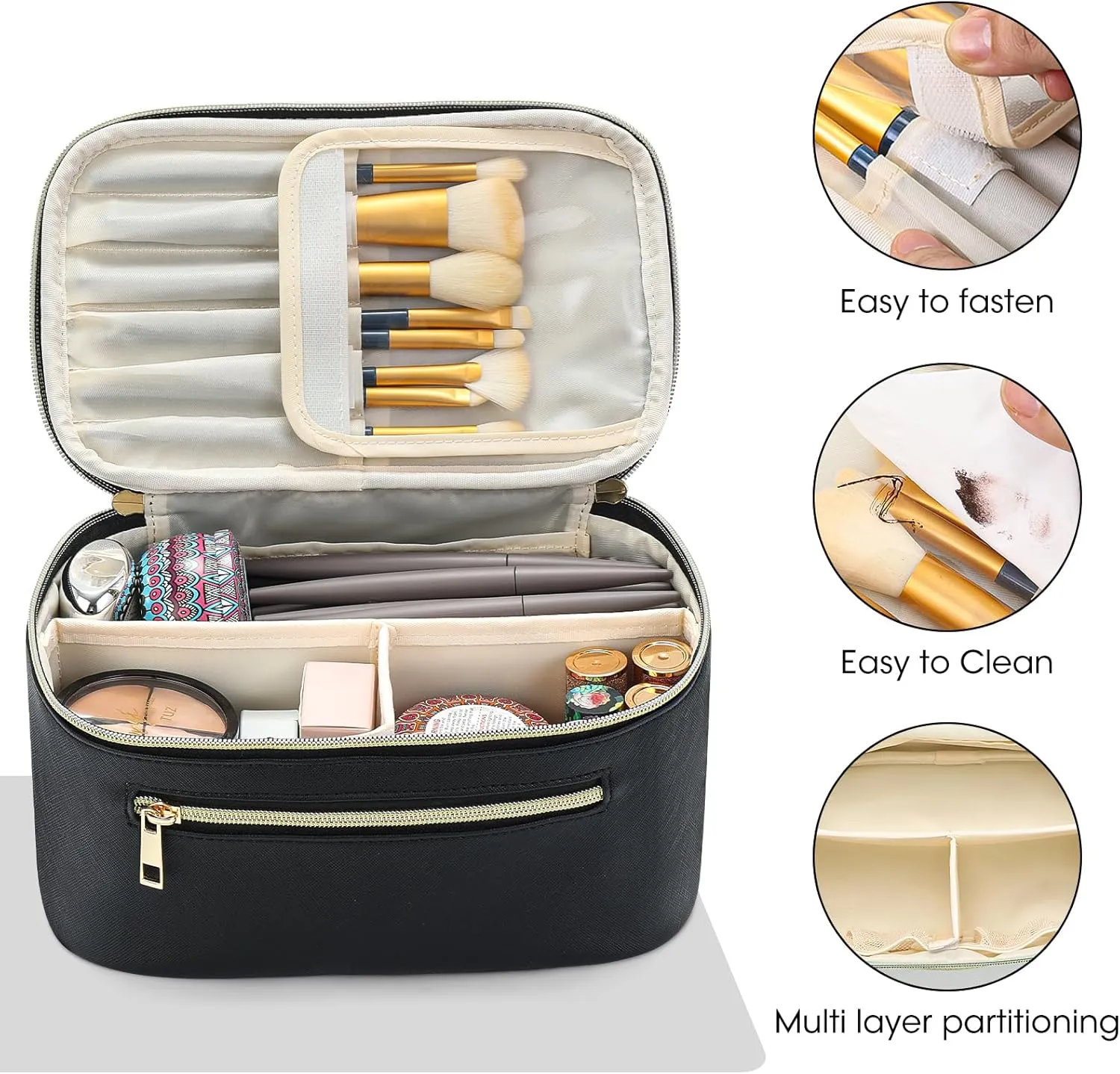 Travel Makeup Bag Organizer, Large Capacity Cosmetic Pouch for Women, Waterproof Make Up with Divider, Clamshell Makeup Case Make Up Bag with Handle and Metal Zipper, Travel Essentials Black