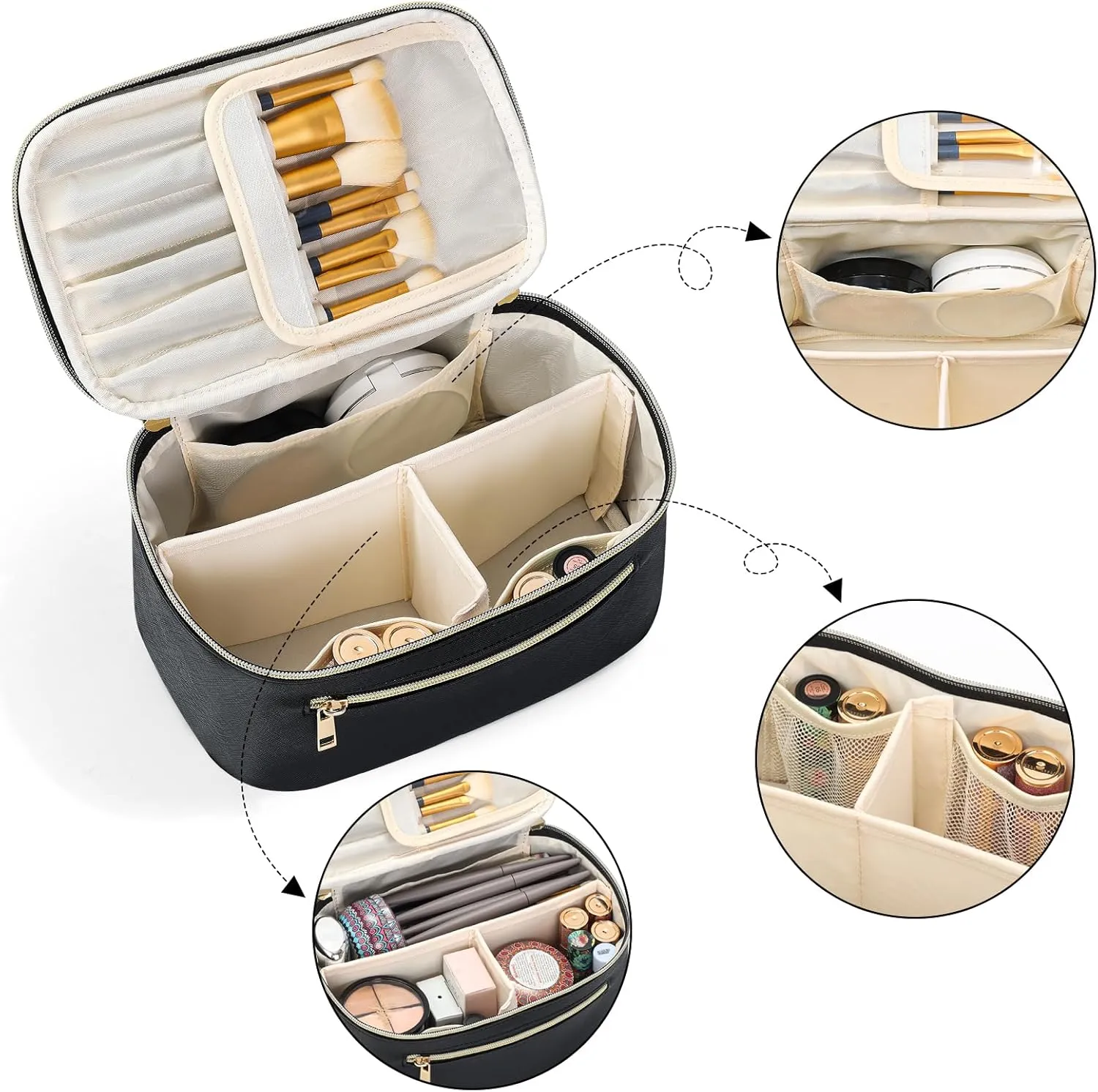 Travel Makeup Bag Organizer, Large Capacity Cosmetic Pouch for Women, Waterproof Make Up with Divider, Clamshell Makeup Case Make Up Bag with Handle and Metal Zipper, Travel Essentials Black