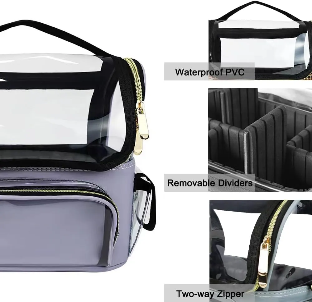 Travel Makeup Bag, Stand Up Makeup Bag with Pockets, Waterproof PVC Cosmetic Bag, Clear Train Case with Brush Holder, Light Purple