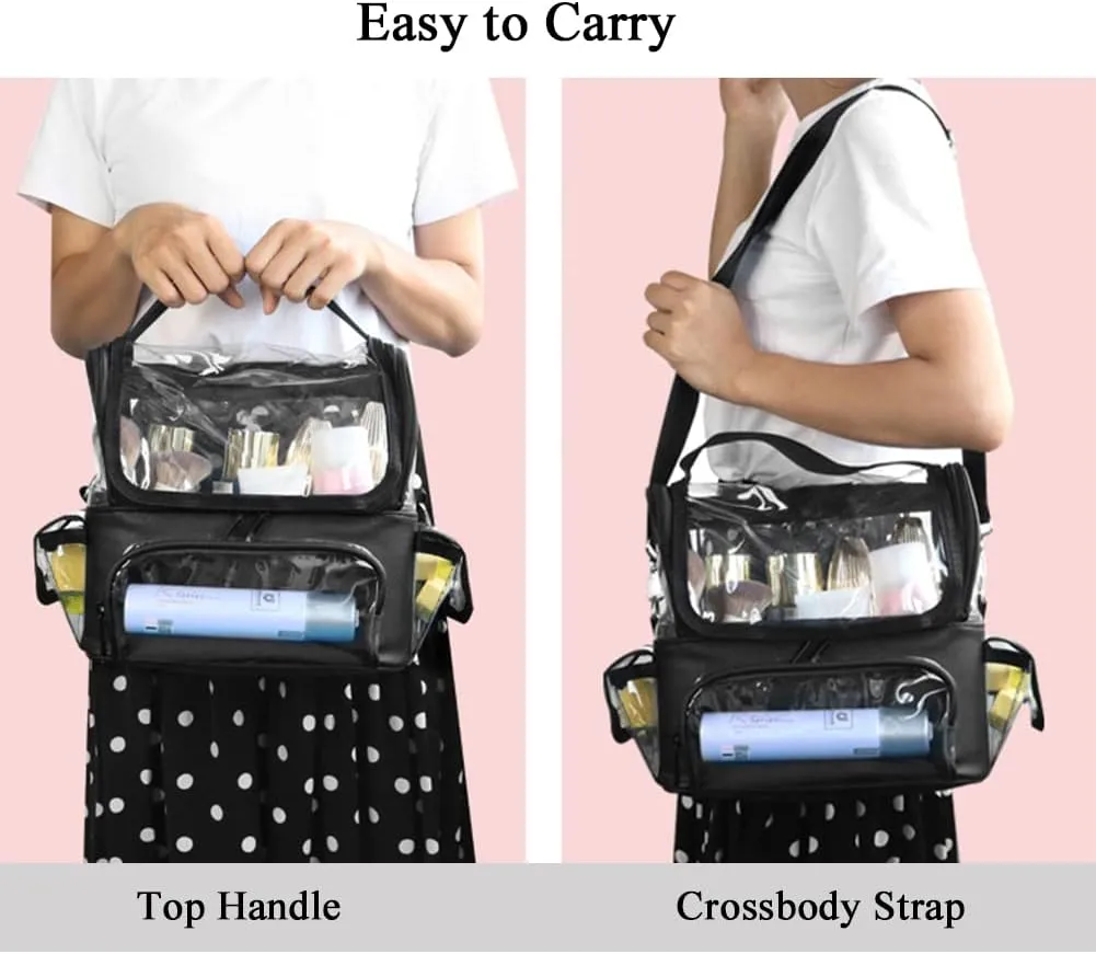 Travel Makeup Bag, Stand Up Makeup Bag with Pockets, Waterproof PVC Cosmetic Bag, Clear Train Case with Brush Holder, Light Purple
