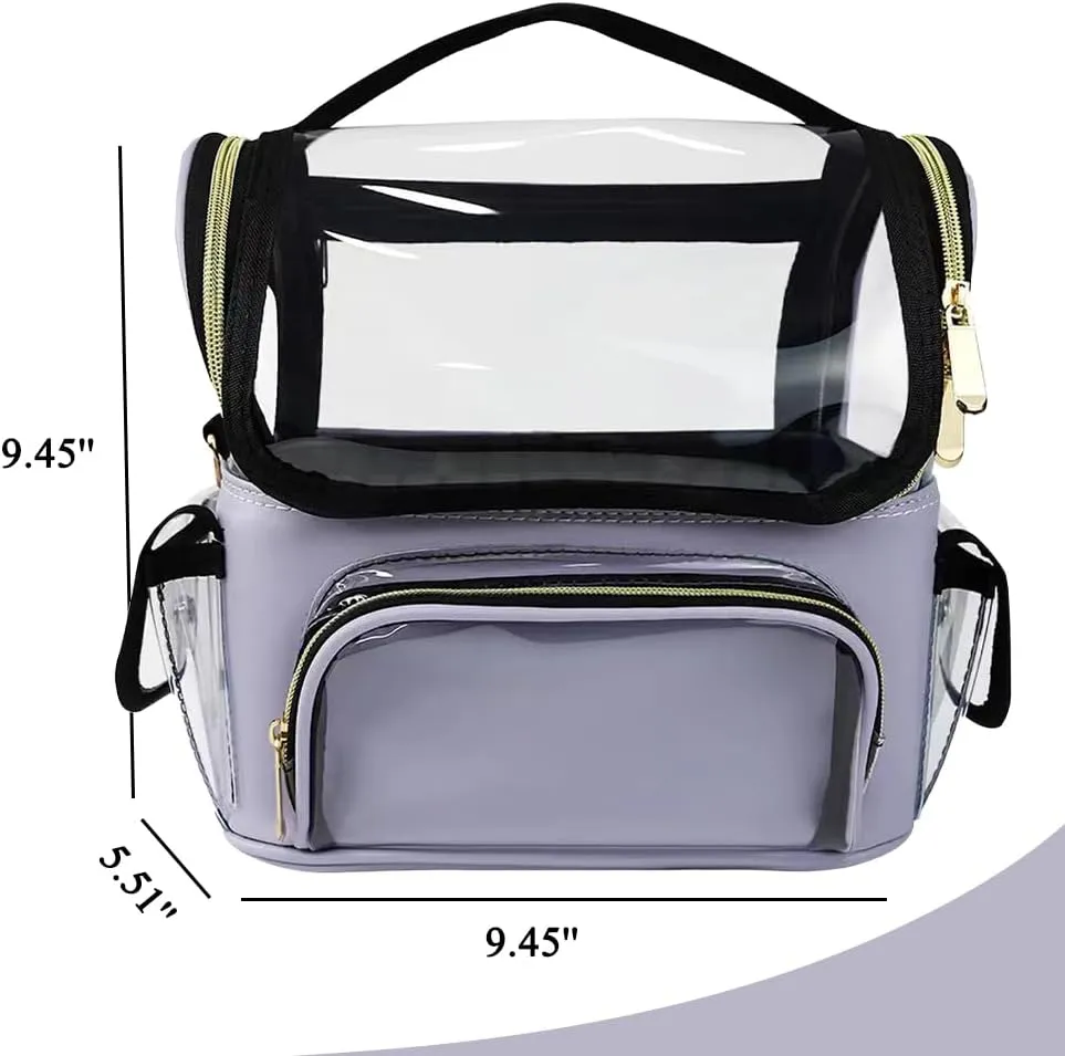 Travel Makeup Bag, Stand Up Makeup Bag with Pockets, Waterproof PVC Cosmetic Bag, Clear Train Case with Brush Holder, Light Purple