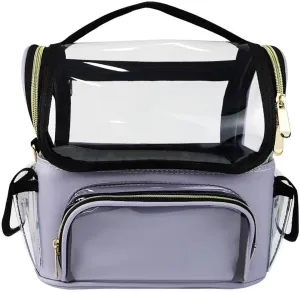 Travel Makeup Bag, Stand Up Makeup Bag with Pockets, Waterproof PVC Cosmetic Bag, Clear Train Case with Brush Holder, Light Purple