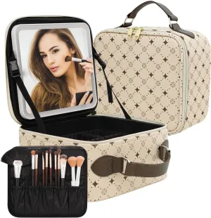 Travel Makeup Bag With 360° rotating LED Mirror,Waterproof cosmetic organizer,Portability Cosmetic case,Makeup organizer,Gift for Women,Girls Gift (Beige   Brown)