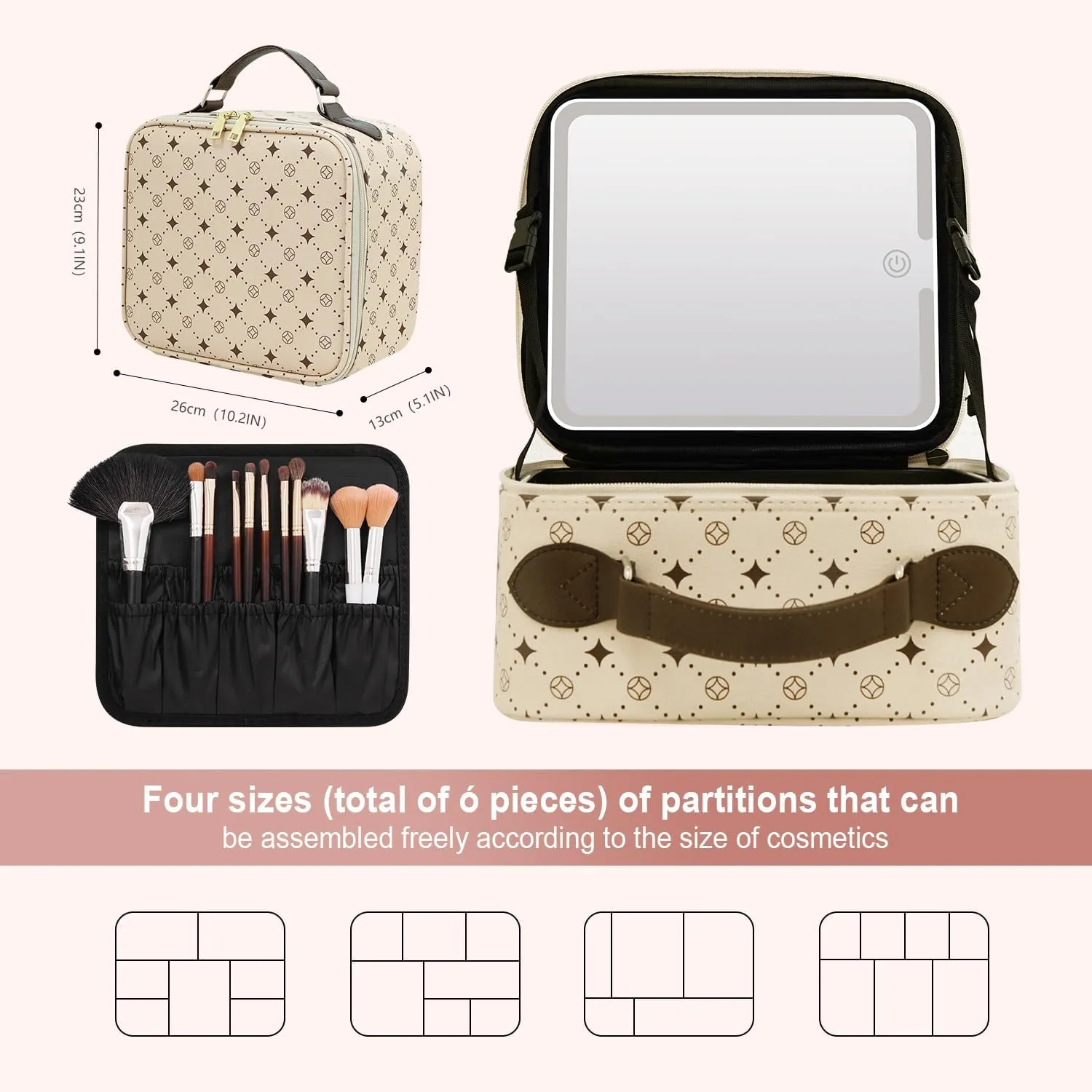 Travel Makeup Bag With 360° rotating LED Mirror,Waterproof cosmetic organizer,Portability Cosmetic case,Makeup organizer,Gift for Women,Girls Gift (Beige   Brown)