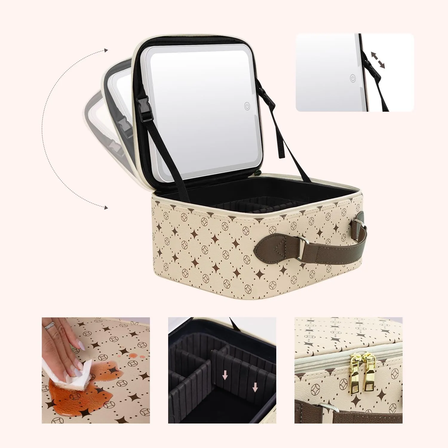 Travel Makeup Bag With 360° rotating LED Mirror,Waterproof cosmetic organizer,Portability Cosmetic case,Makeup organizer,Gift for Women,Girls Gift (Beige   Brown)