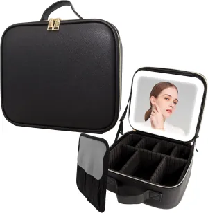 Travel Makeup Bag with LED Mirror, Makeup Train Case for Women, Portable Cosmetic Bag with Brush Organizer Storage Box Vanity Case, Adjustable Divider, 3 Color Brightness, Black
