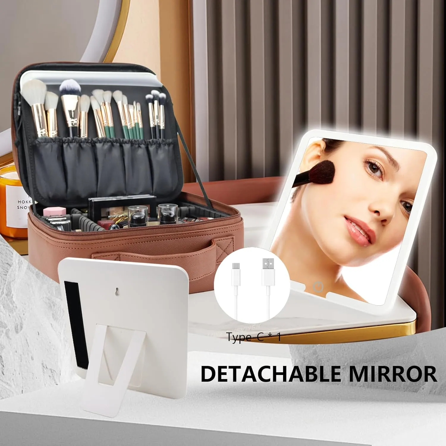 Travel Makeup Bag with LED Mirror Travel Makeup Organizer with 3 Lighted Settings, Adjustable Dividers and Makeup Brush Storage Bag Dark Brown