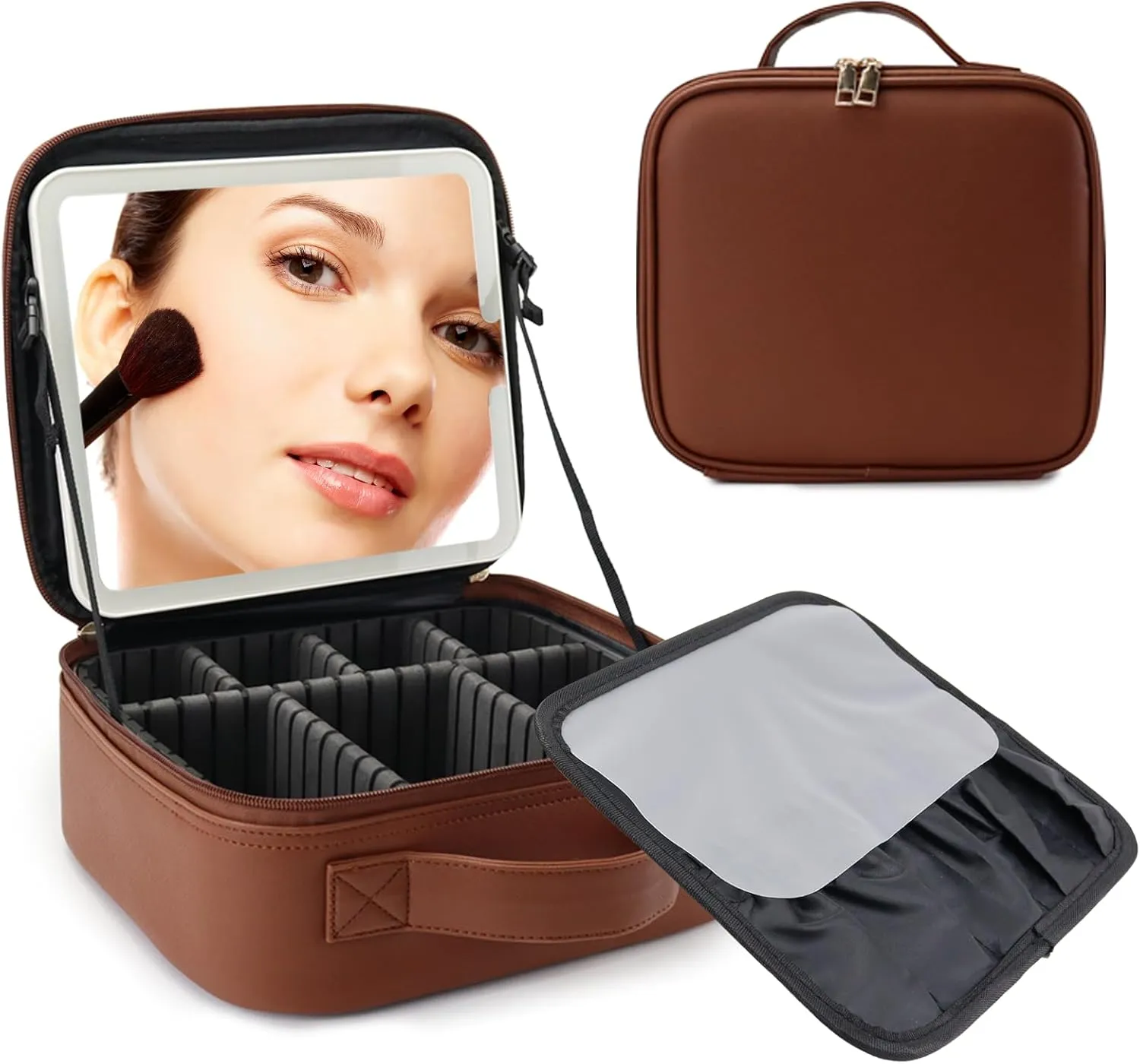 Travel Makeup Bag with LED Mirror Travel Makeup Organizer with 3 Lighted Settings, Adjustable Dividers and Makeup Brush Storage Bag Dark Brown