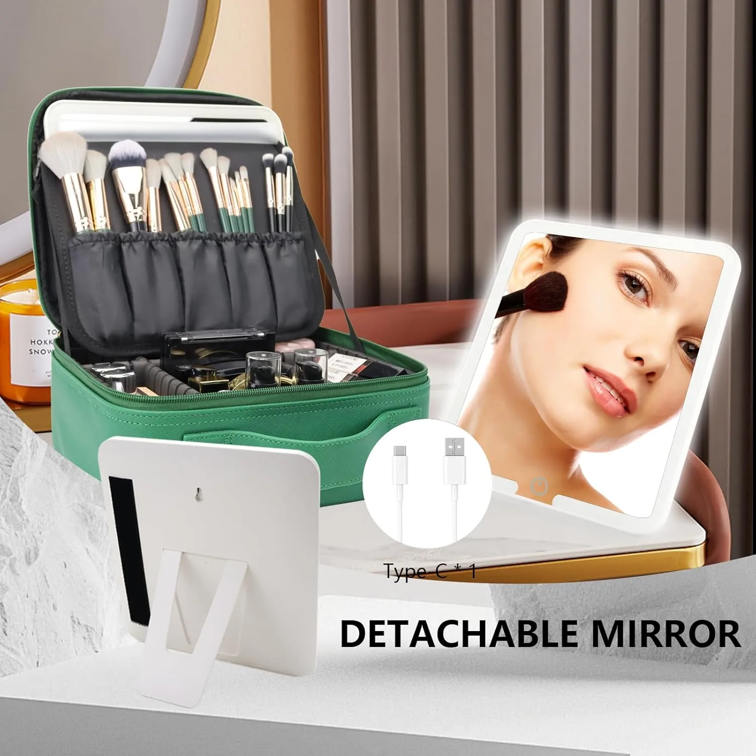 Travel Makeup Bag with LED Mirror Travel Makeup Organizer with 3 Lighted Settings, Adjustable Dividers and Makeup Brush Storage Bag Dark Green