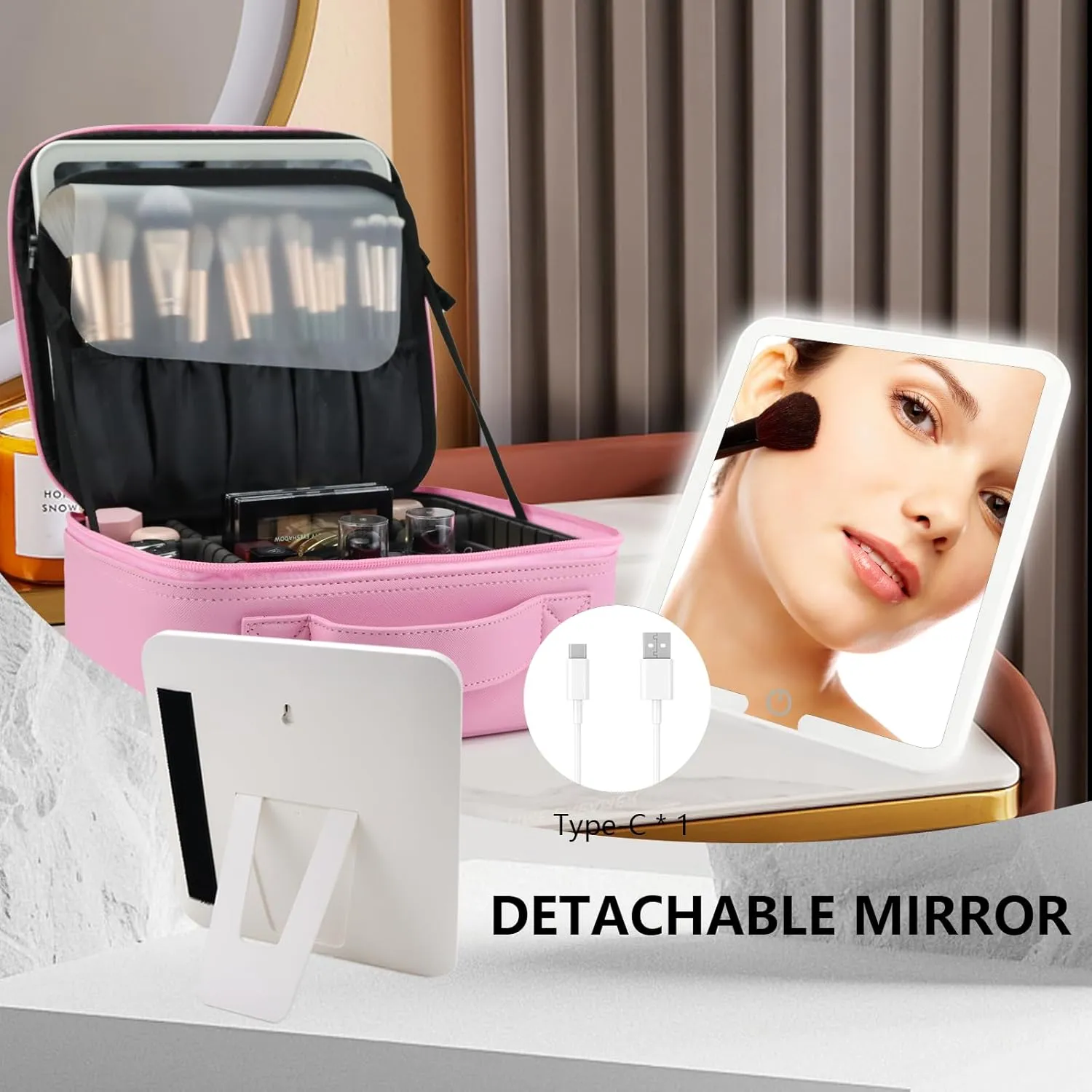 Travel Makeup Bag with LED Mirror Travel Makeup Organizer with 3 Lighted Settings, Adjustable Dividers and Makeup Brush Storage Bag Dark Pink