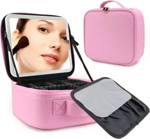 Travel Makeup Bag with LED Mirror Travel Makeup Organizer with 3 Lighted Settings, Adjustable Dividers and Makeup Brush Storage Bag Dark Pink