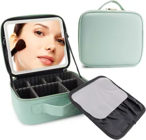 Travel Makeup Bag with LED Mirror Travel Makeup Organizer with 3 Lighted Settings, Adjustable Dividers and Makeup Brush Storage Bag Light Green