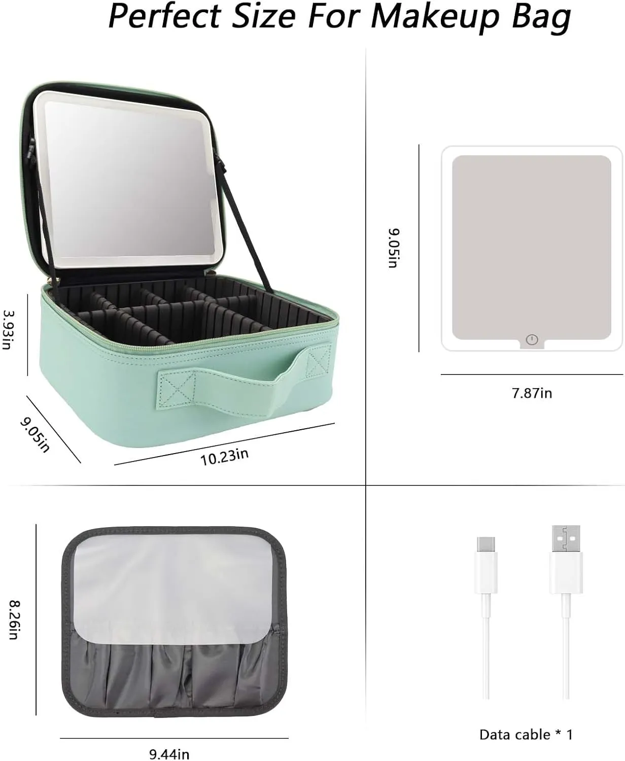 Travel Makeup Bag with LED Mirror Travel Makeup Organizer with 3 Lighted Settings, Adjustable Dividers and Makeup Brush Storage Bag Light Green