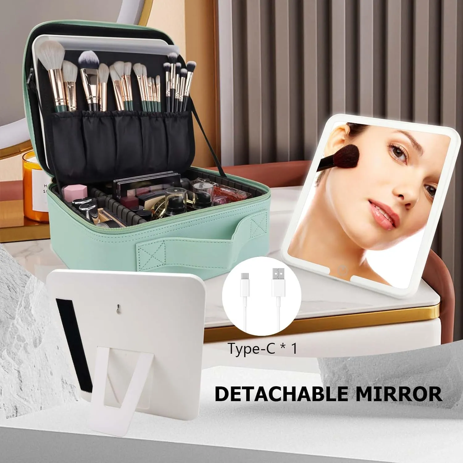 Travel Makeup Bag with LED Mirror Travel Makeup Organizer with 3 Lighted Settings, Adjustable Dividers and Makeup Brush Storage Bag Light Green