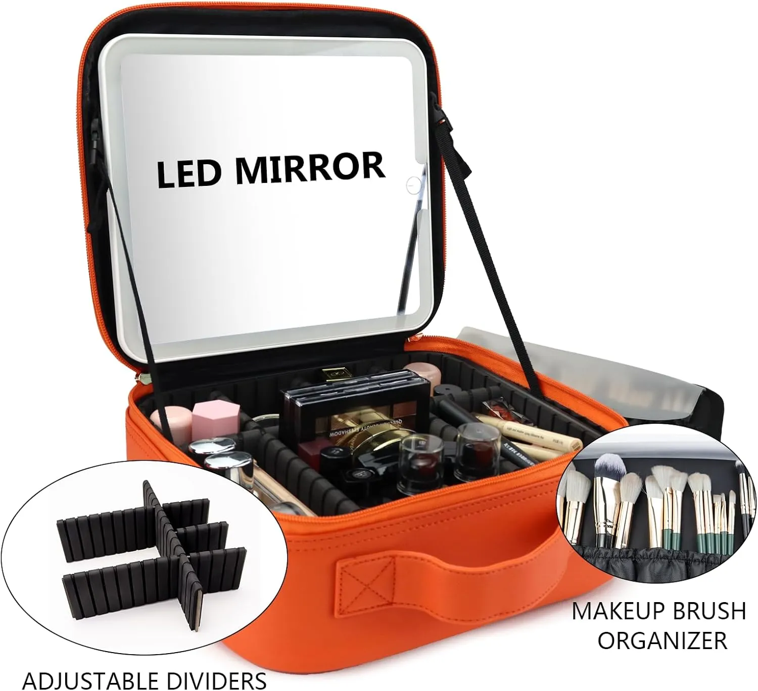 Travel Makeup Bag with LED Mirror Travel Makeup Organizer with 3 Lighted Settings, Adjustable Dividers and Makeup Brush Storage Bag Orange