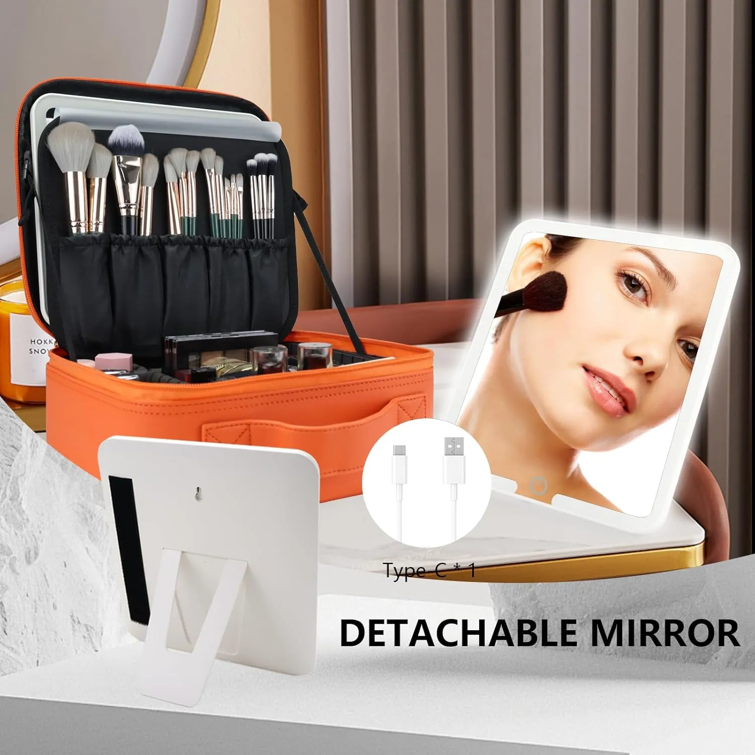 Travel Makeup Bag with LED Mirror Travel Makeup Organizer with 3 Lighted Settings, Adjustable Dividers and Makeup Brush Storage Bag Orange
