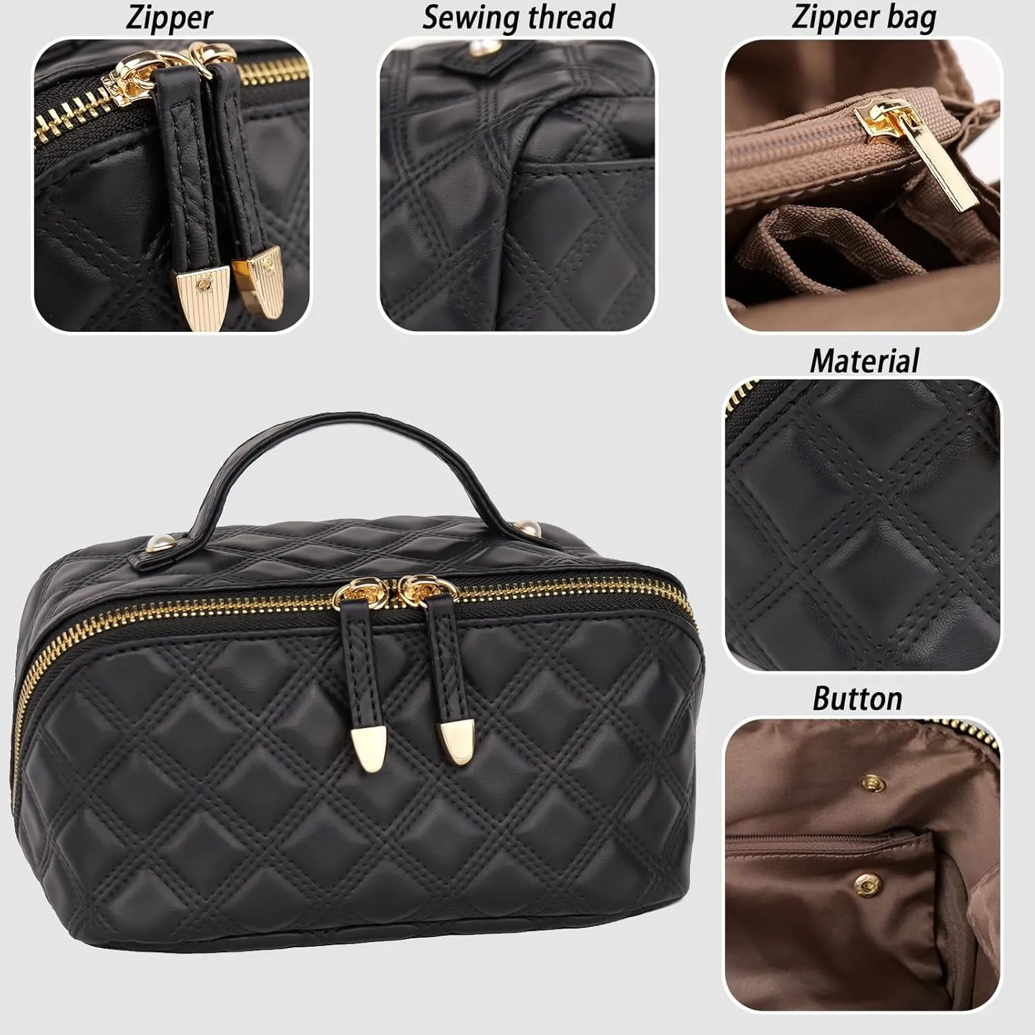 Travel Makeup Bag,Large Capacity Cosmetic Bags for Women,Portable Pouch Open Flat Toiletry Bag Make up Organizer with Divider Double divider removable and Handle (Black)