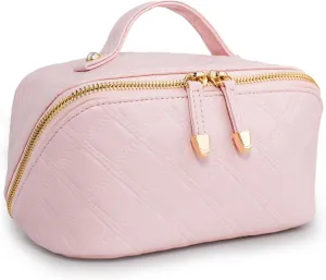 Travel Makeup Bag,Large Capacity Cosmetic Bags for Women,Portable Pouch Open Flat Toiletry Bag Make up Organizer with Divider Double divider removable and Handle (Pink)