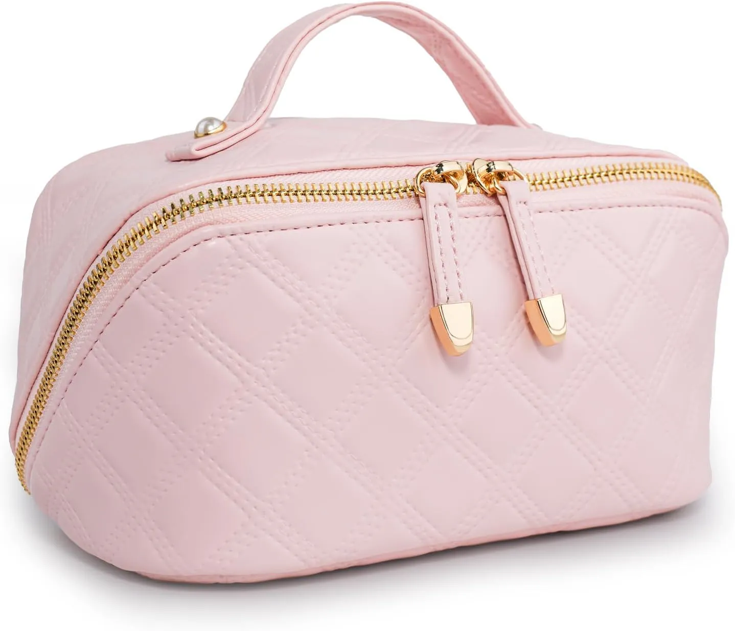Travel Makeup Bag,Large Capacity Cosmetic Bags for Women,Portable Pouch Open Flat Toiletry Bag Make up Organizer with Divider Double divider removable and Handle (Pink)