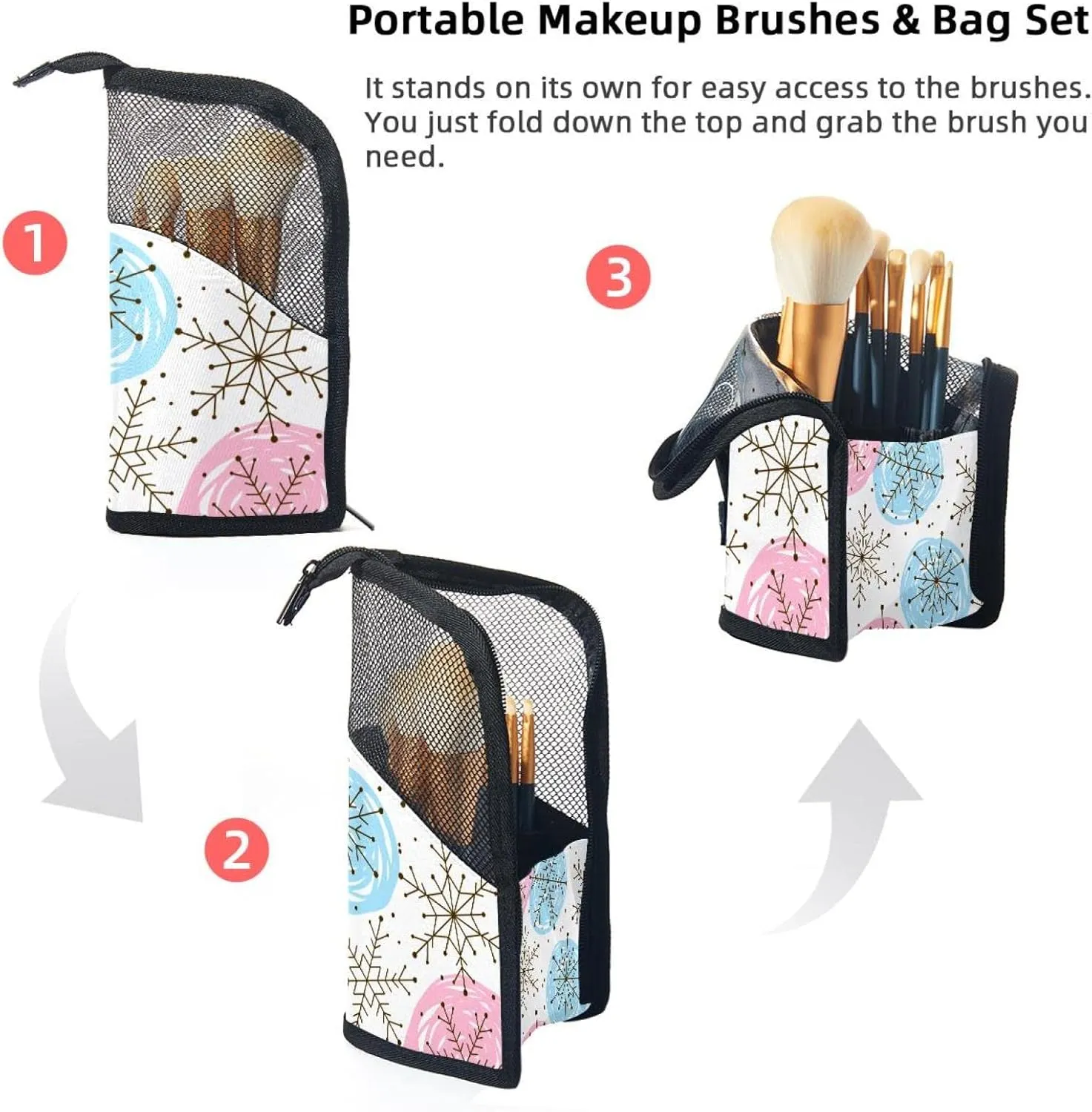 Travel Makeup Brush Holder, Large Stand-Up Makeup Brush Case, Professional Brush Organizer Foldable Makeup Artist Brush Storage Bag - Cute Snowflakes Ornament