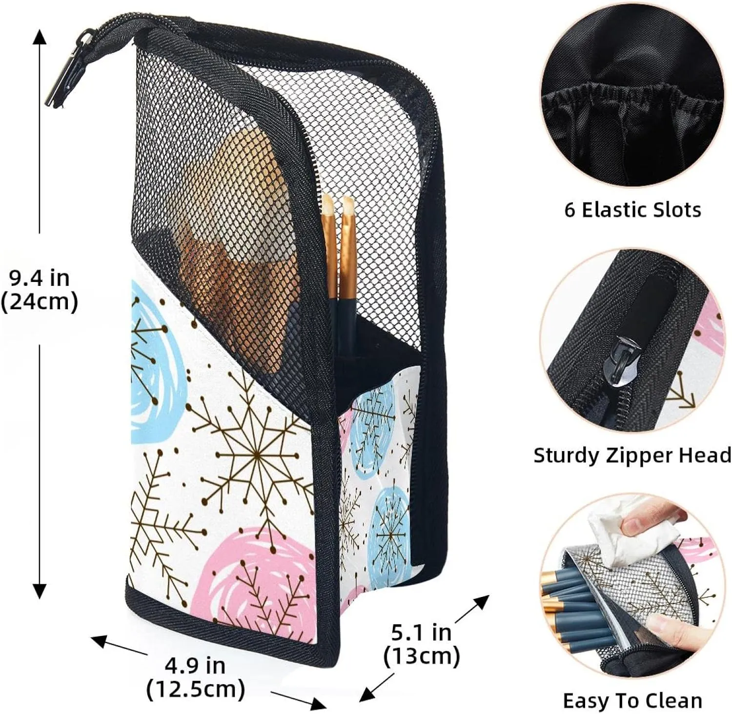 Travel Makeup Brush Holder, Large Stand-Up Makeup Brush Case, Professional Brush Organizer Foldable Makeup Artist Brush Storage Bag - Cute Snowflakes Ornament