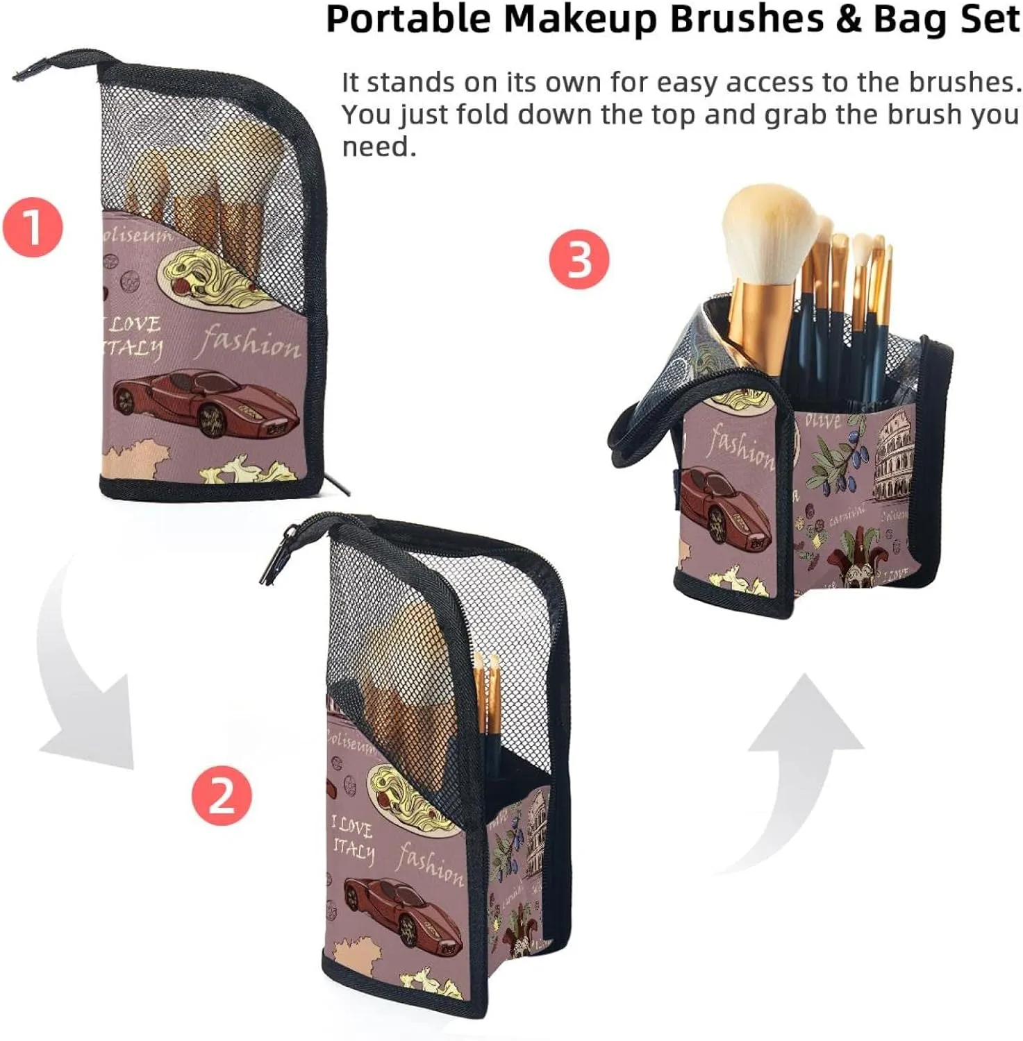Travel Makeup Brush Holder, Large Stand-Up Makeup Brush Case, Professional Brush Organizer Foldable Makeup Artist Brush Storage Bag - Italy Food Funny Places