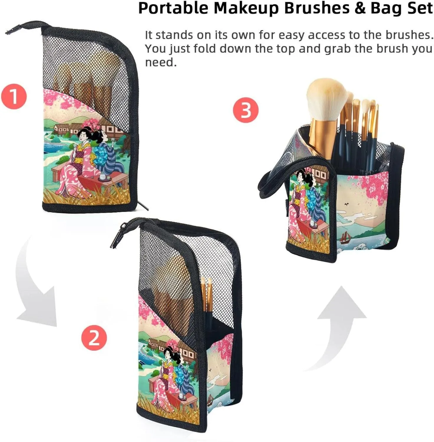Travel Makeup Brush Holder, Large Stand-Up Makeup Brush Case, Professional Brush Organizer Foldable Makeup Artist Brush Storage Bag - Women Drinking Sake under Cherry Blossom Tree