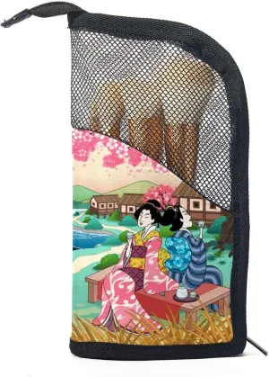 Travel Makeup Brush Holder, Large Stand-Up Makeup Brush Case, Professional Brush Organizer Foldable Makeup Artist Brush Storage Bag - Women Drinking Sake under Cherry Blossom Tree