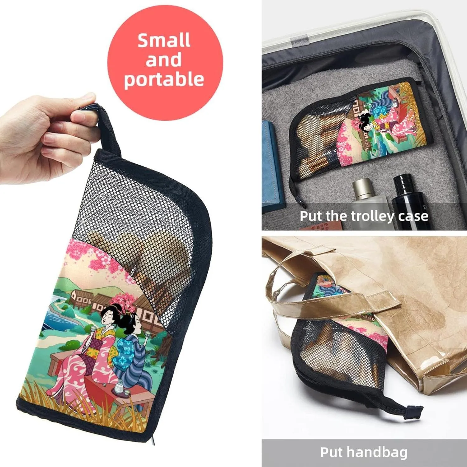 Travel Makeup Brush Holder, Large Stand-Up Makeup Brush Case, Professional Brush Organizer Foldable Makeup Artist Brush Storage Bag - Women Drinking Sake under Cherry Blossom Tree