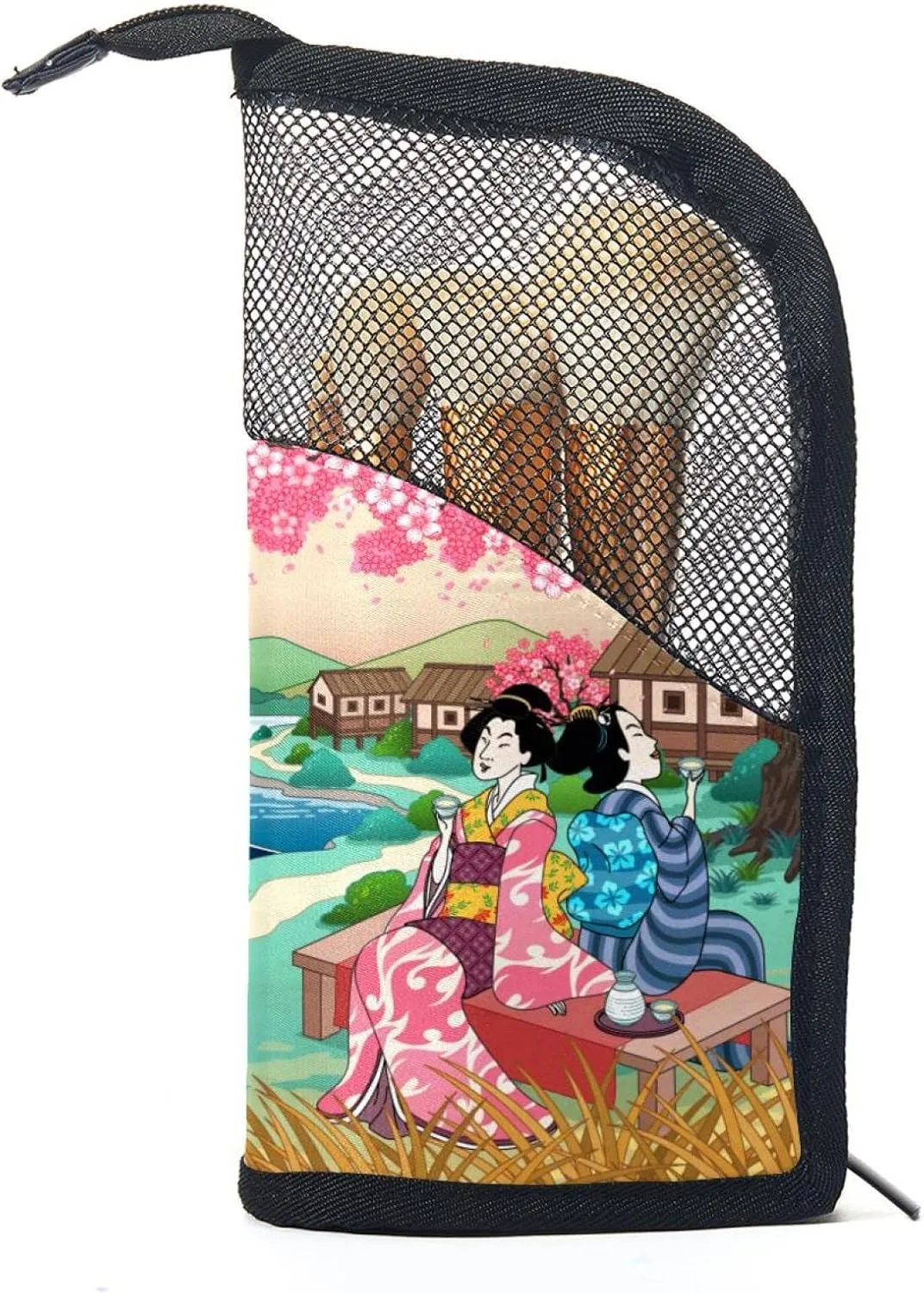 Travel Makeup Brush Holder, Large Stand-Up Makeup Brush Case, Professional Brush Organizer Foldable Makeup Artist Brush Storage Bag - Women Drinking Sake under Cherry Blossom Tree