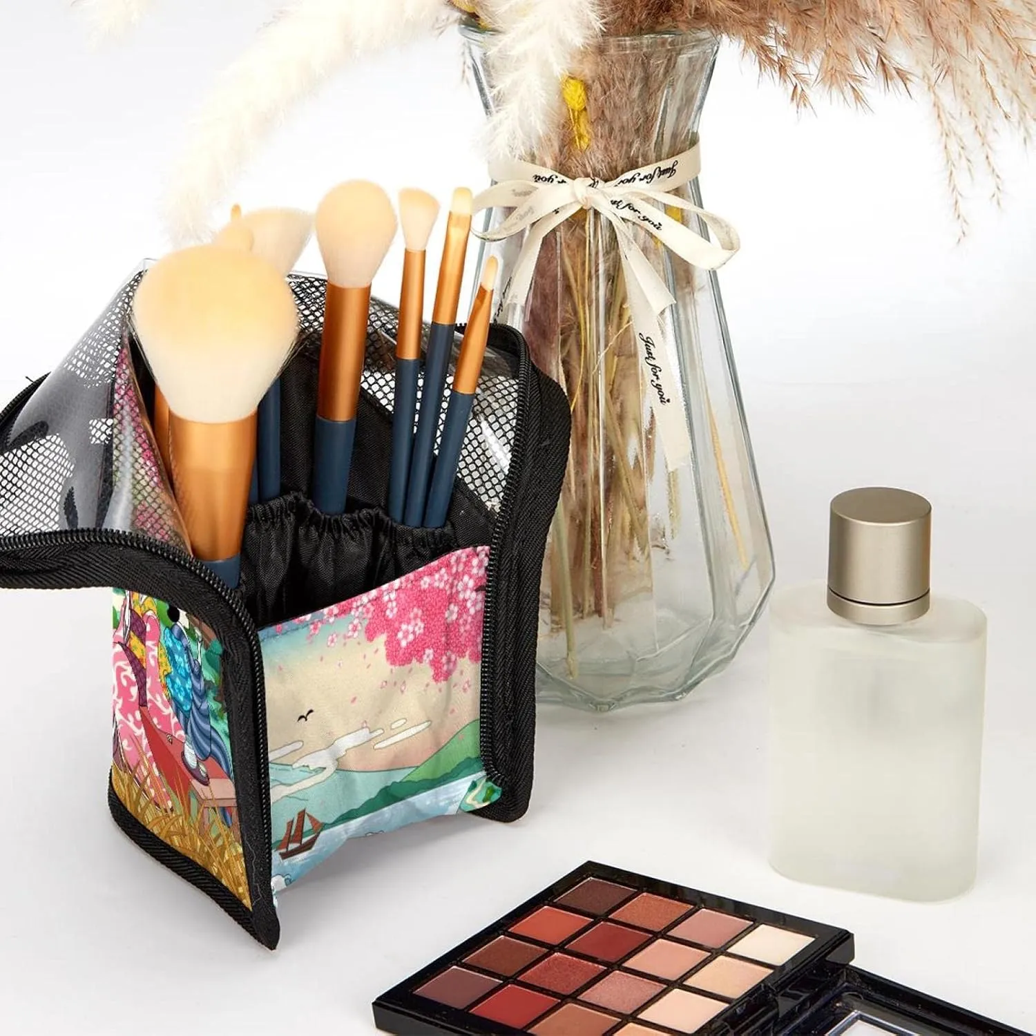 Travel Makeup Brush Holder, Large Stand-Up Makeup Brush Case, Professional Brush Organizer Foldable Makeup Artist Brush Storage Bag - Women Drinking Sake under Cherry Blossom Tree