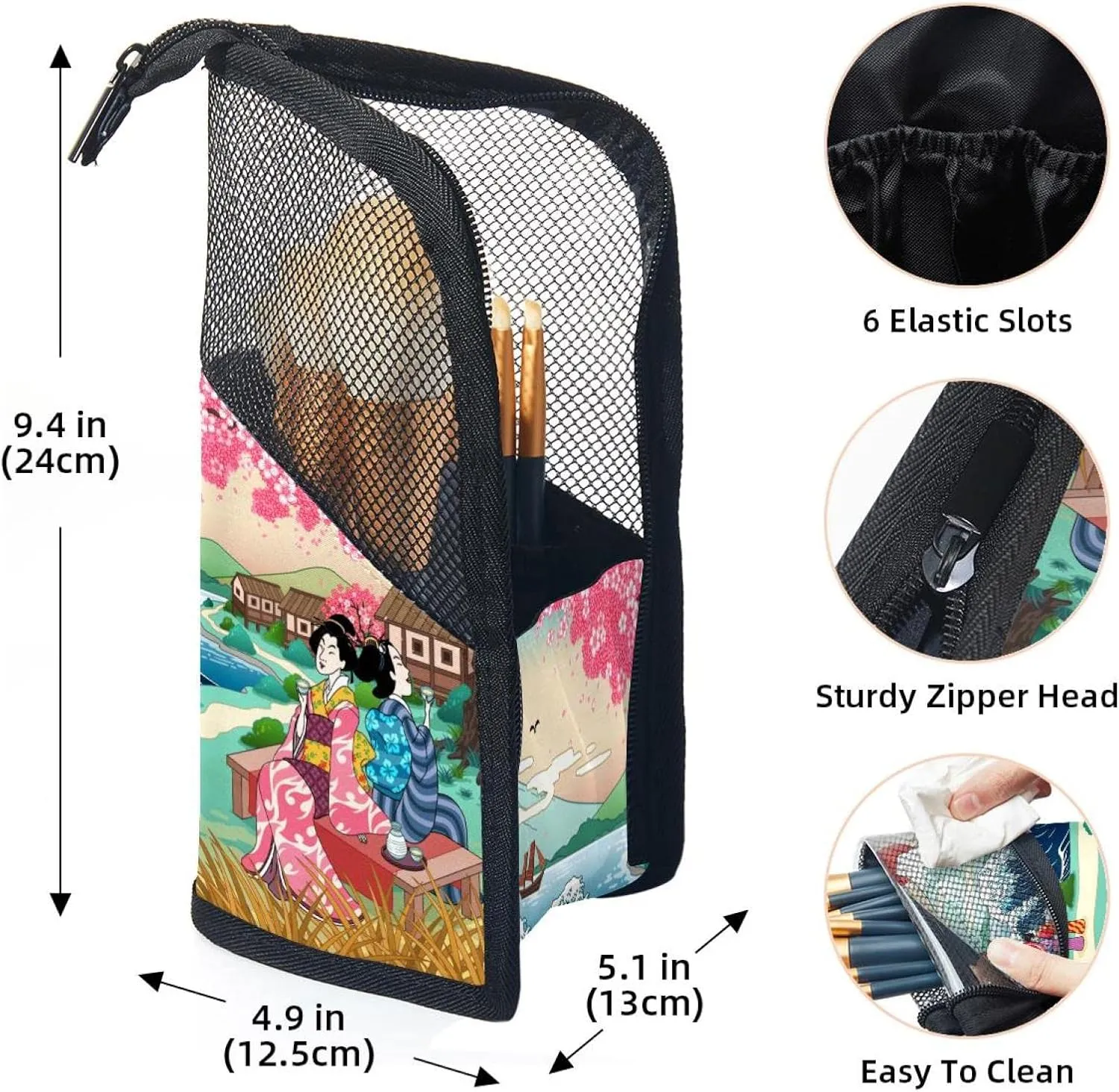 Travel Makeup Brush Holder, Large Stand-Up Makeup Brush Case, Professional Brush Organizer Foldable Makeup Artist Brush Storage Bag - Women Drinking Sake under Cherry Blossom Tree