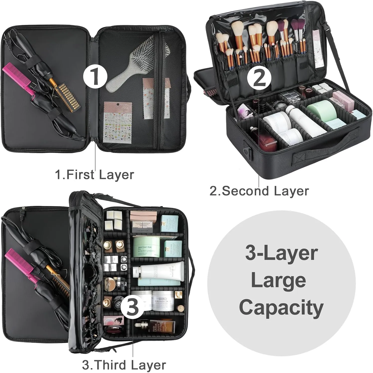 Travel Makeup Train Case, Large Capacity Cosmetics Organizer Bag & Adjustable Dividers, Makeup Brush Organizer Storage Bag, Professional Cosmetic Accessories Case with Shoulder Strap