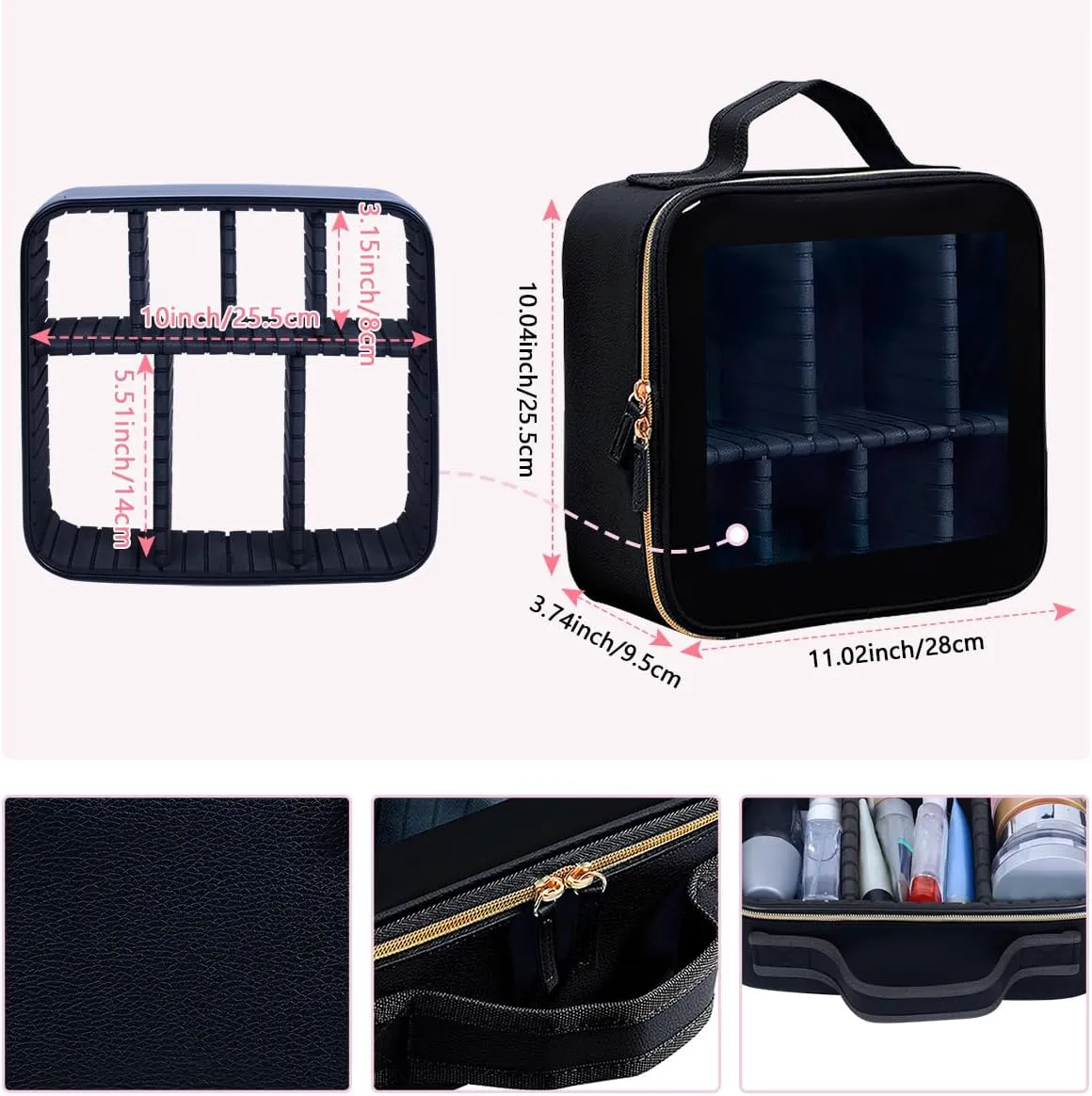 Travel Makeup Train Case Organizer Portable Storage Bag with Adjustable Dividers for Toiletry Cosmetic Brush Jewelry Accessories(Black)
