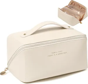 Travel Open Flat Makeup Bag, Large Capacity Travel Cosmetic Bag for Women, Portable Cosmetic Pouch PU Leather Waterproof Open Flat Travel Toiletry Bag Make up Organizer Bag with Divider and Handle