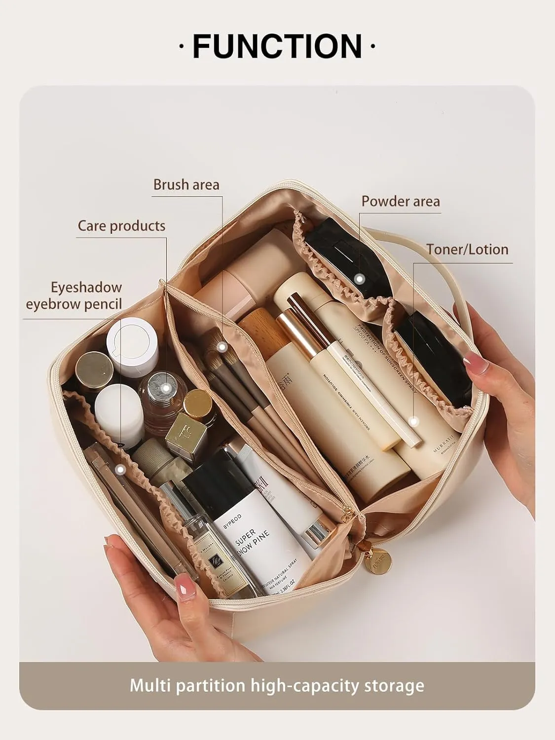 Travel Open Flat Makeup Bag, Large Capacity Travel Cosmetic Bag for Women, Portable Cosmetic Pouch PU Leather Waterproof Open Flat Travel Toiletry Bag Make up Organizer Bag with Divider and Handle
