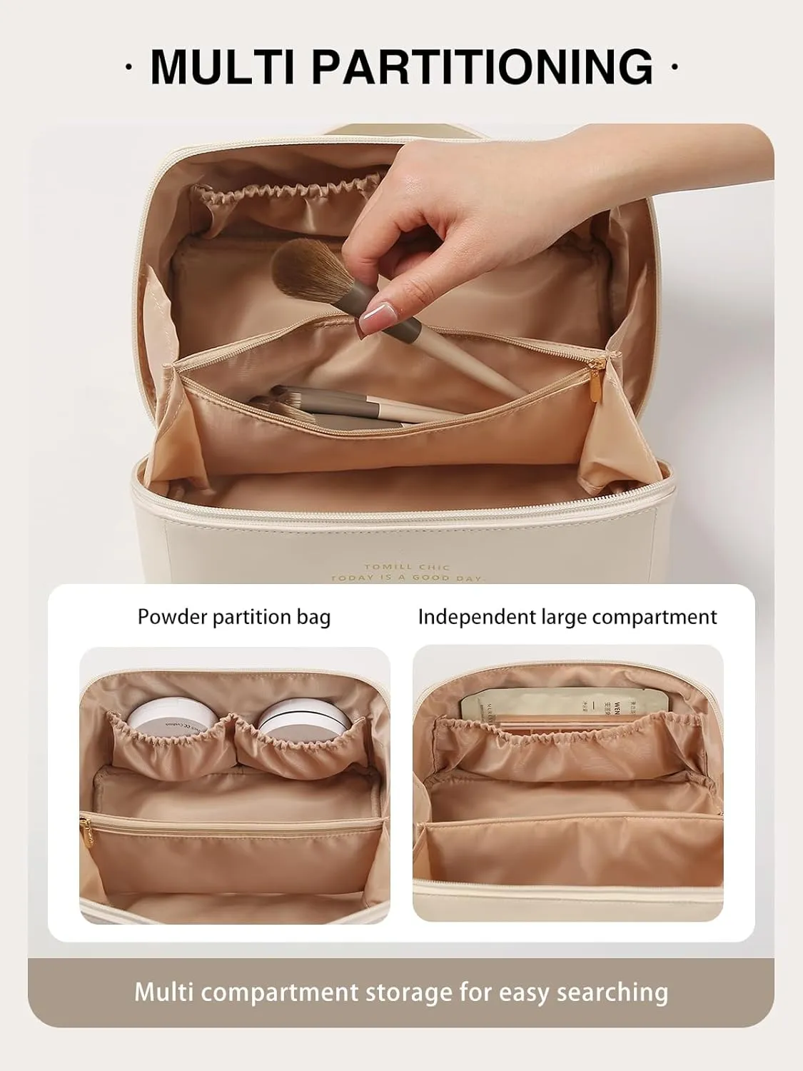 Travel Open Flat Makeup Bag, Large Capacity Travel Cosmetic Bag for Women, Portable Cosmetic Pouch PU Leather Waterproof Open Flat Travel Toiletry Bag Make up Organizer Bag with Divider and Handle