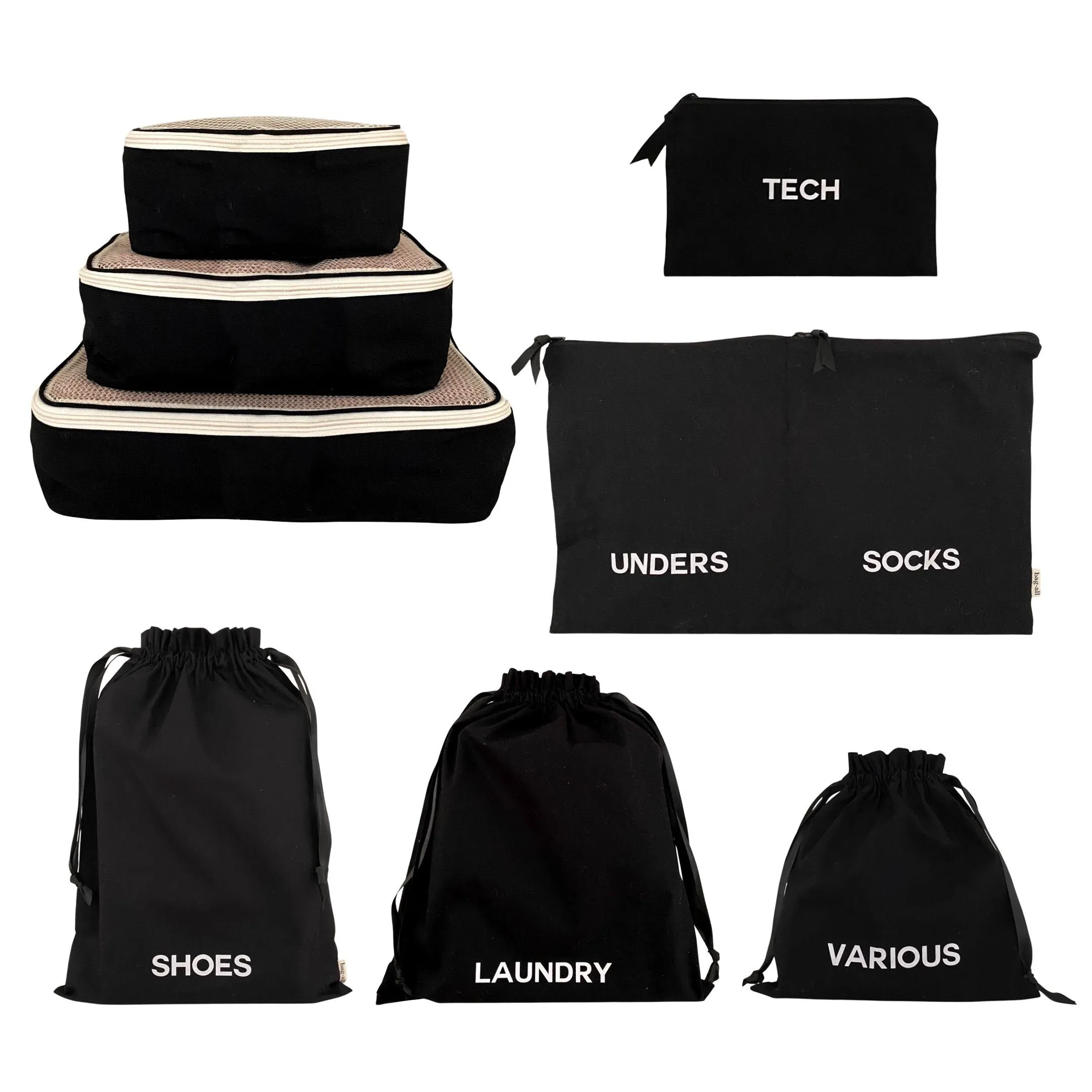 Travel Set, Packing Cubes & Bags – 8 pcs – Black