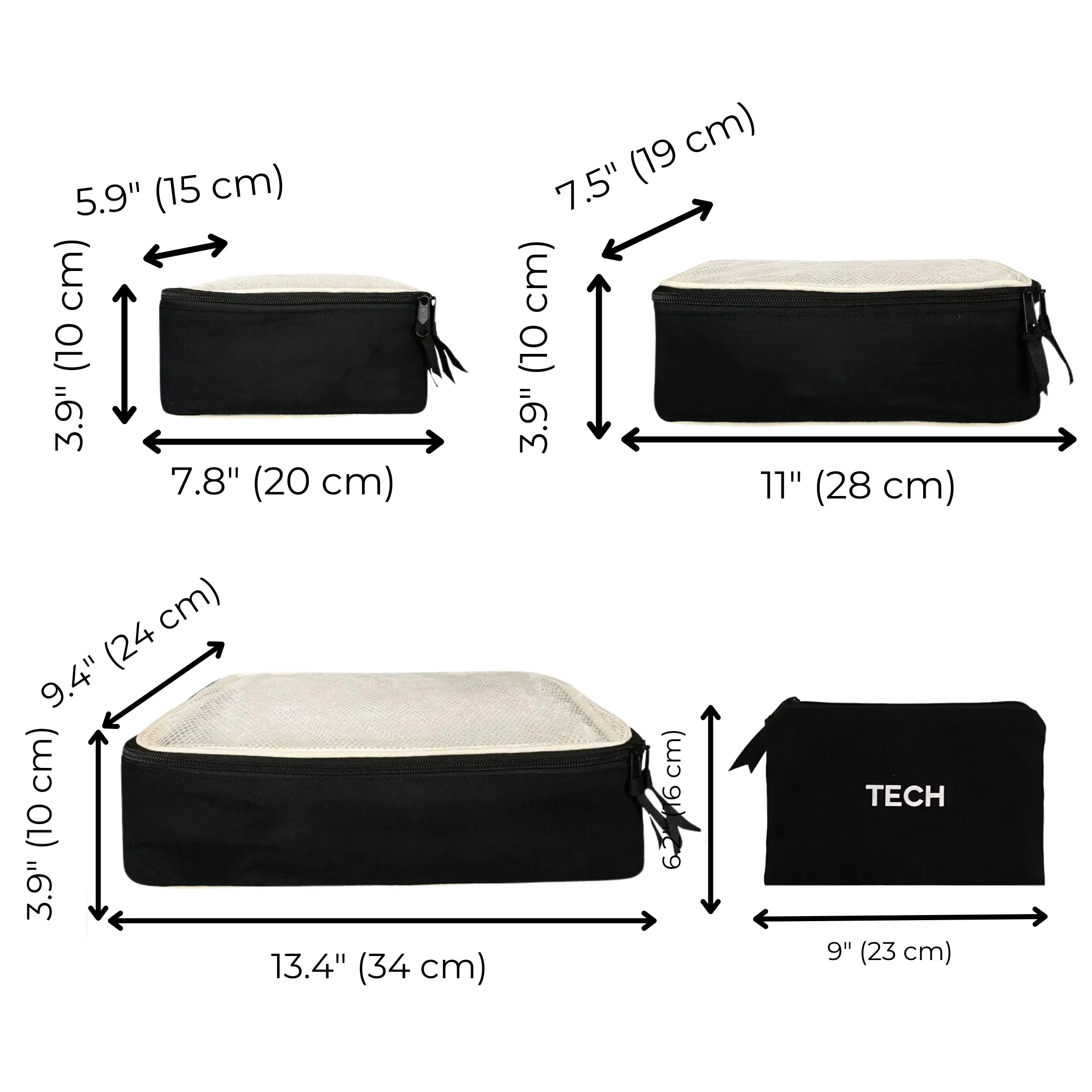 Travel Set, Packing Cubes & Bags – 8 pcs – Black