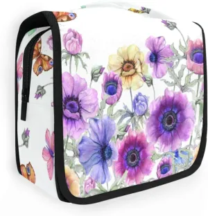 Travel Toiletry Bag Cosmetic Bag Colorful Anemone Flowers Butterflies Portable Hanging Cosmetic Case Traveling With Leakproof Compartment Makeup Toiletries Cosmetic Organizer for Women Men