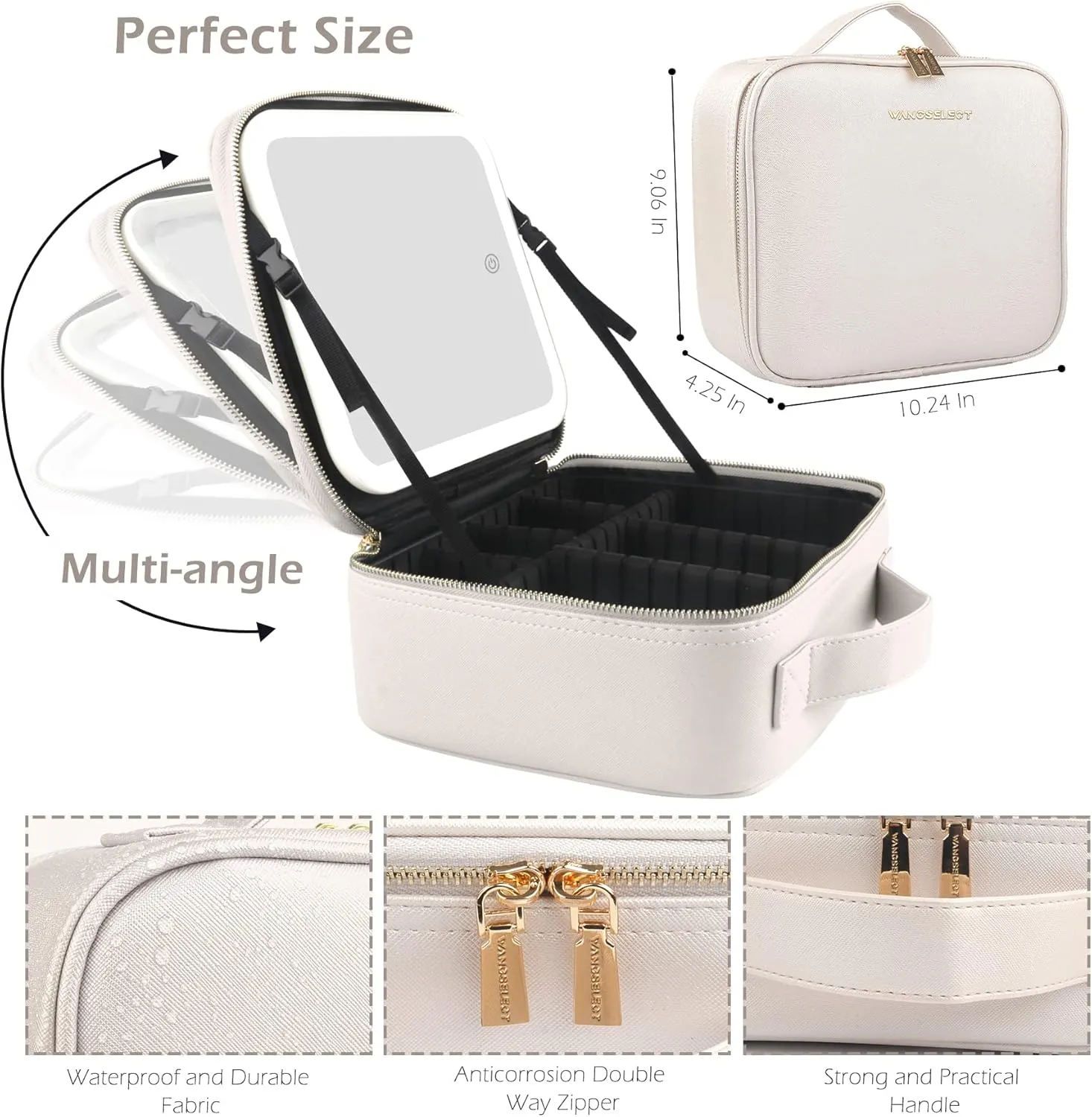 Travel Vanity Bag with Light and Mirror Travel Makeup Train Case Cosmetic Bag Organizer with Adjustable Dividers Portable Storage Adjustable Partition Traveling Makeup Box Khaki