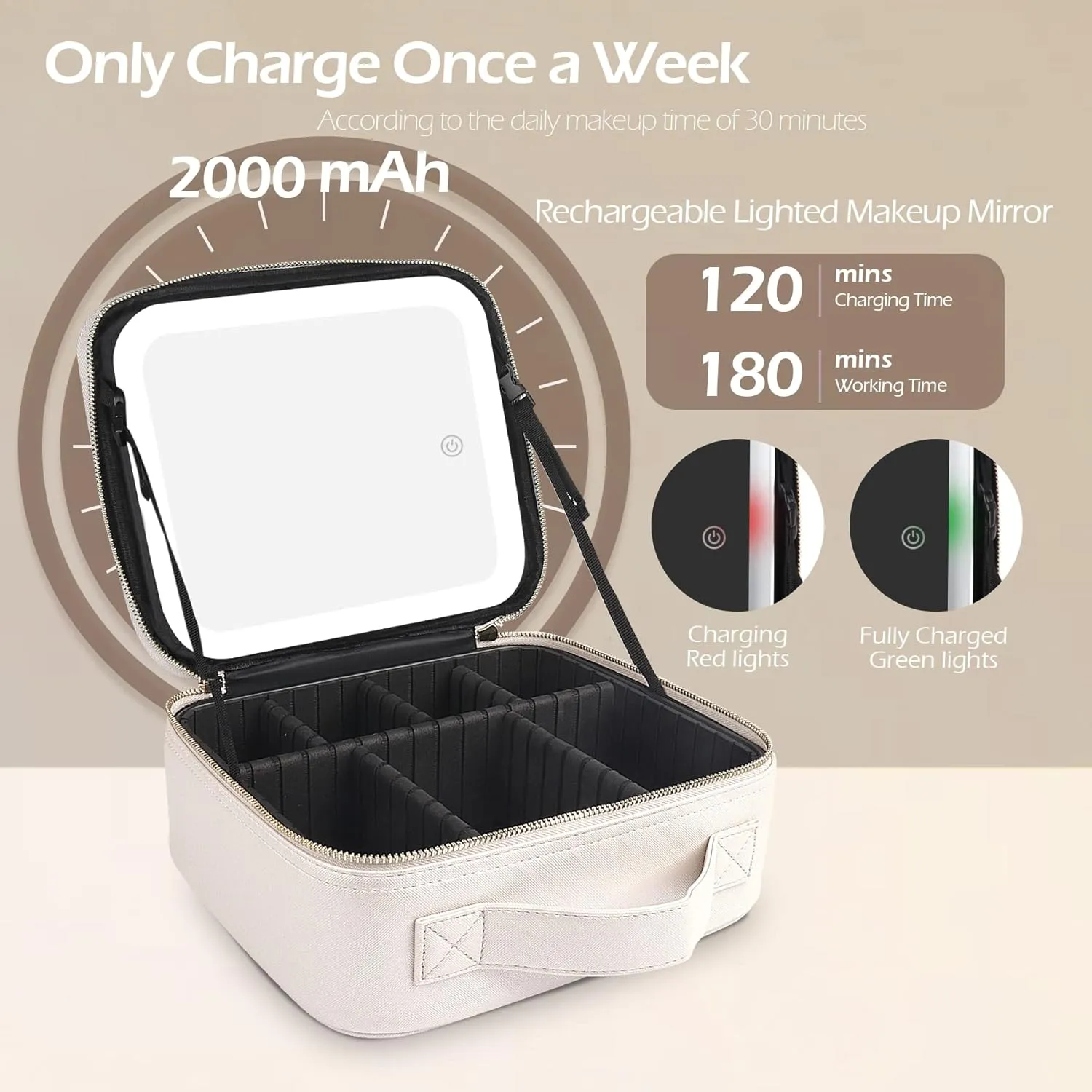 Travel Vanity Bag with Light and Mirror Travel Makeup Train Case Cosmetic Bag Organizer with Adjustable Dividers Portable Storage Adjustable Partition Traveling Makeup Box Khaki