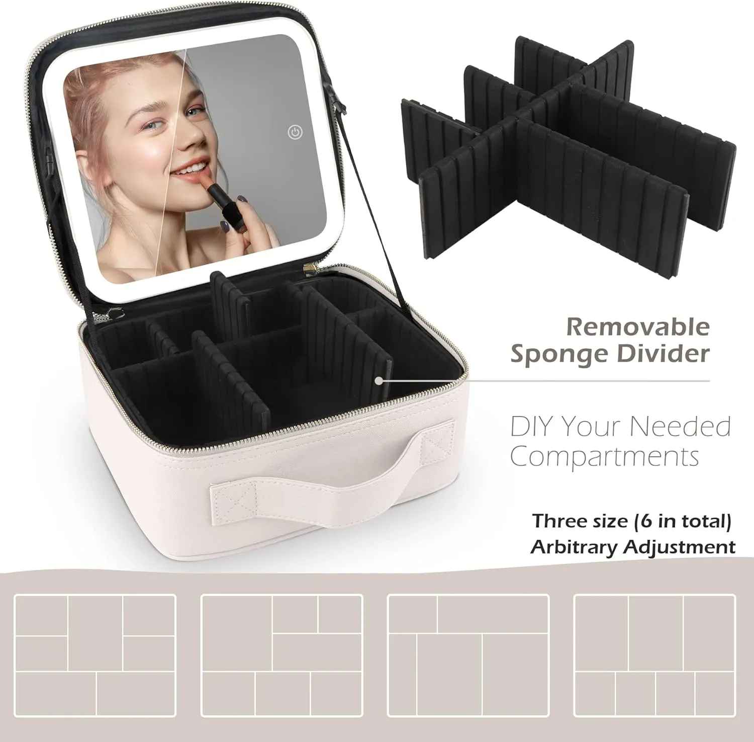 Travel Vanity Bag with Light and Mirror Travel Makeup Train Case Cosmetic Bag Organizer with Adjustable Dividers Portable Storage Adjustable Partition Traveling Makeup Box Khaki